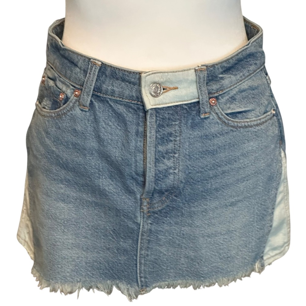 We The Free Denim Mini Skirt Womens 24 Blue Two Tone Colorblock Raw Hem